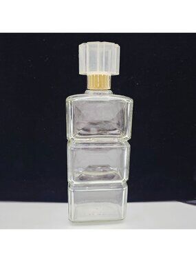 Vintage Glass Spirit Decanter Bottle Faceted Plastic Stopper Rectangular Stack10